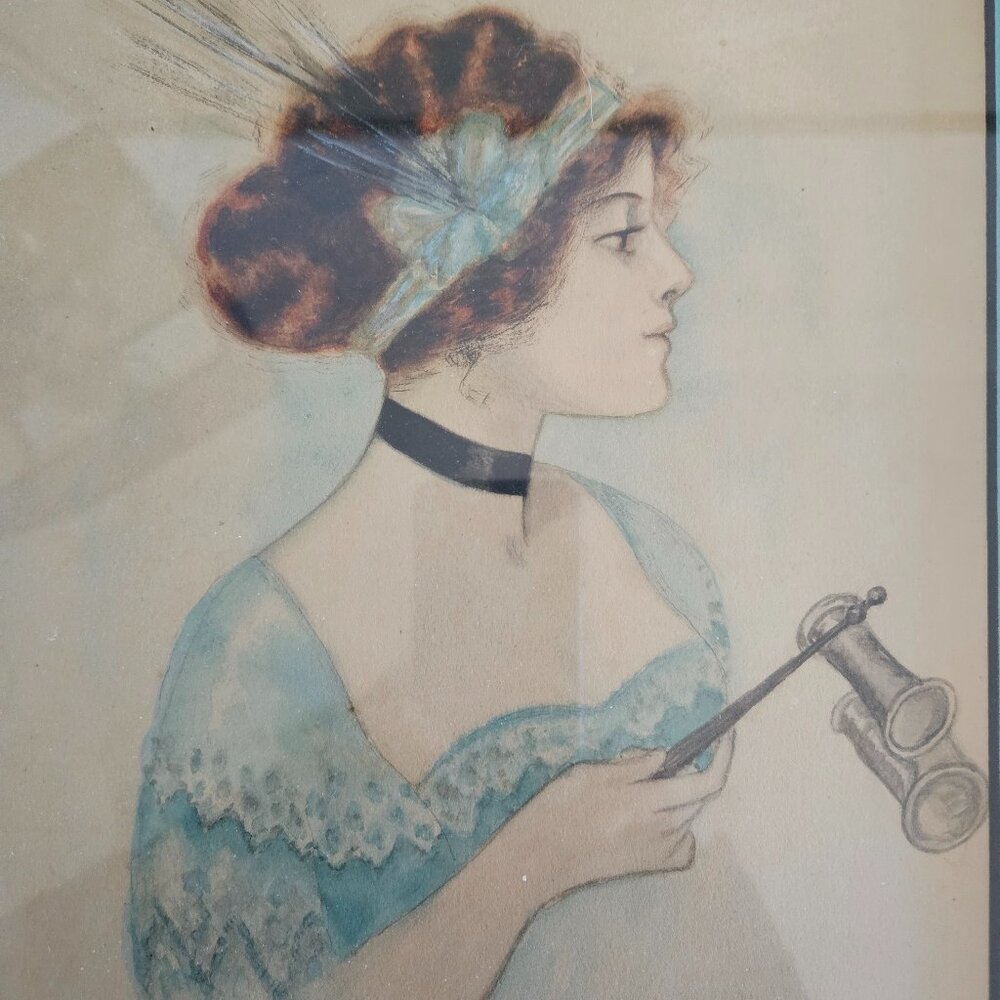 Original antique art - woman with opera glasses - signed - framed